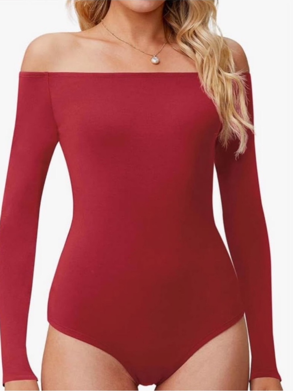 Off-Shoulder Long Sleeve Bodysuit in Deep Red